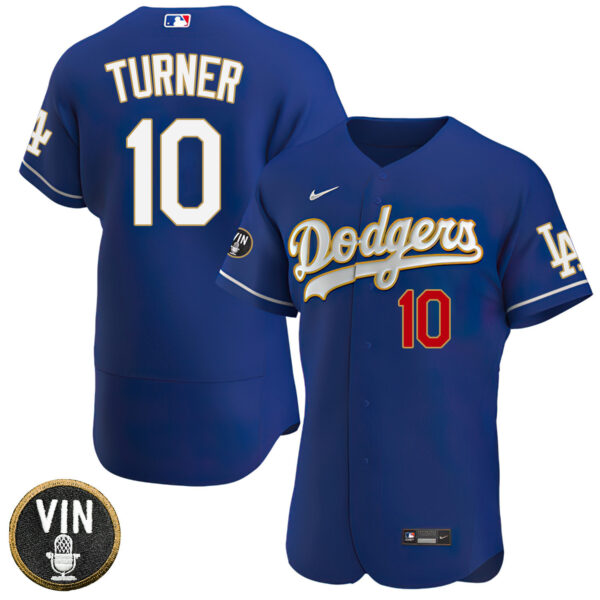 Los Angeles Dodgers Vin Scully Patch Gold Trim Player Jersey-Navy-All Stitched - Image 6