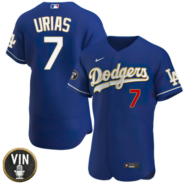 Los Angeles Dodgers Vin Scully Patch Gold Trim Player Jersey-Navy-All Stitched - Image 7