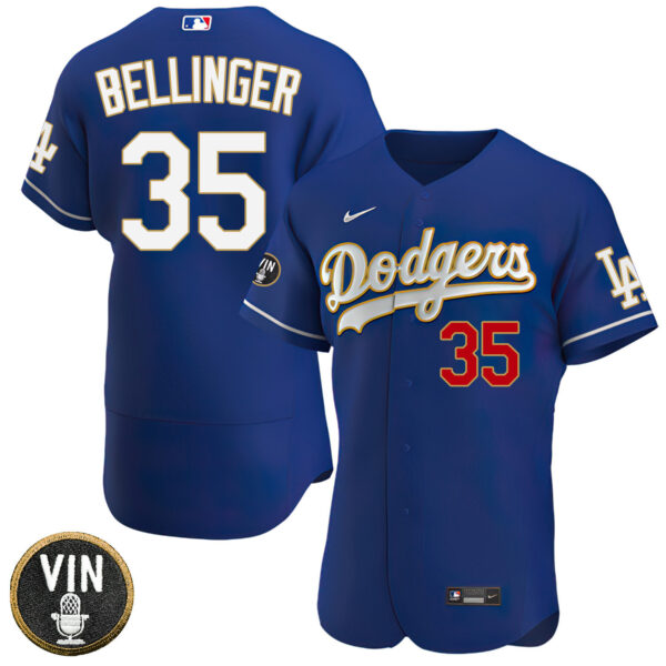 Los Angeles Dodgers Vin Scully Patch Gold Trim Player Jersey-Navy-All Stitched - Image 9