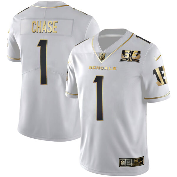 Men's Cincinnati Bengals 55th 1968 - 2022 Anniversary Patch White Gold & Black Gold Jersey - All Stitched - Image 2
