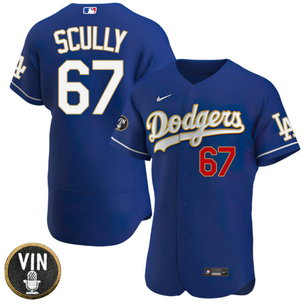 Los Angeles Dodgers Vin Scully Patch Gold Trim Player Jersey - Navy - All Stitched - Image 2