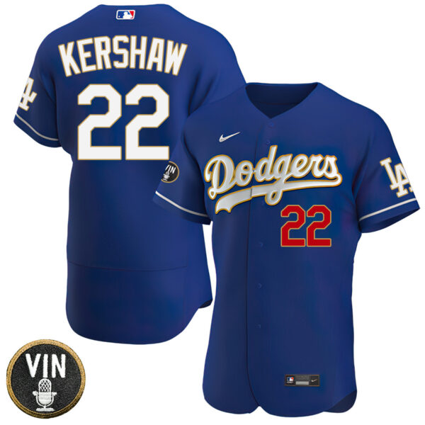 Los Angeles Dodgers Vin Scully Patch Gold Trim Player Jersey - Navy - All Stitched - Image 10