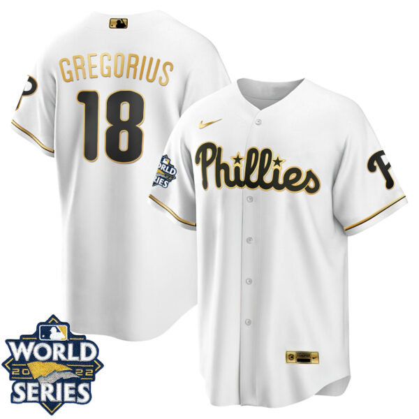 Women's Philadelphia Phillies Gold 2022 World Series Jersey - All Stitched - Image 23