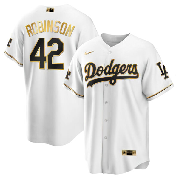 Jackie Robinson Los Angeles Dodgers White Gold & Black Gold Jersey - All Stitched - Image 4