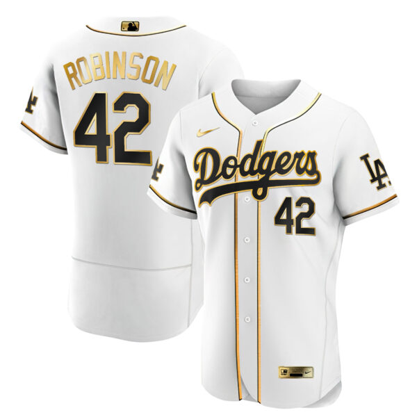 Jackie Robinson Los Angeles Dodgers White Gold & Black Gold Jersey - All Stitched - Image 3