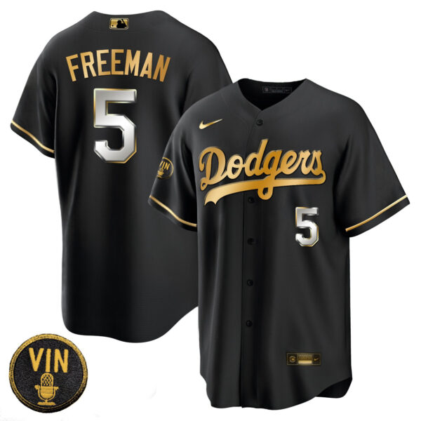 Men's Dodgers Black Limited Vin Scully Patch Gold Jersey - All Stitched