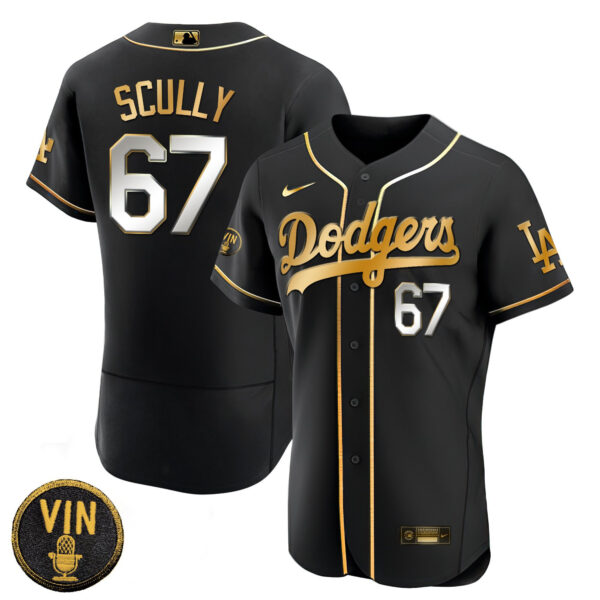 Men's Dodgers Black Limited Vin Scully Patch Gold Jersey - All Stitched - Image 9