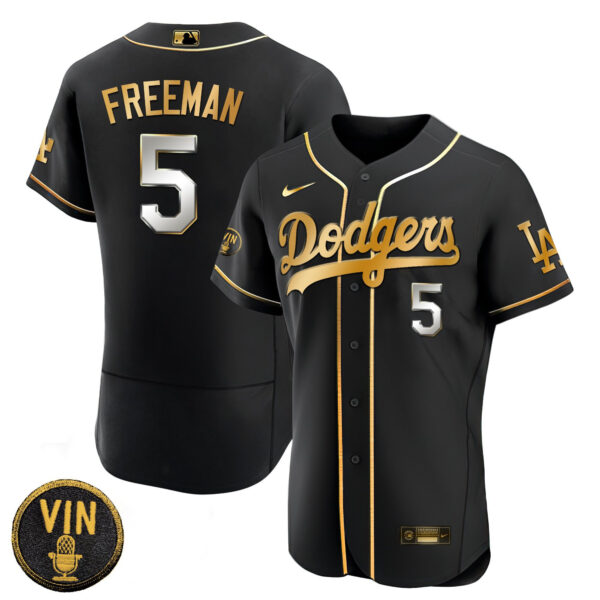 Men's Dodgers Black Limited Vin Scully Patch Gold Jersey - All Stitched - Image 8