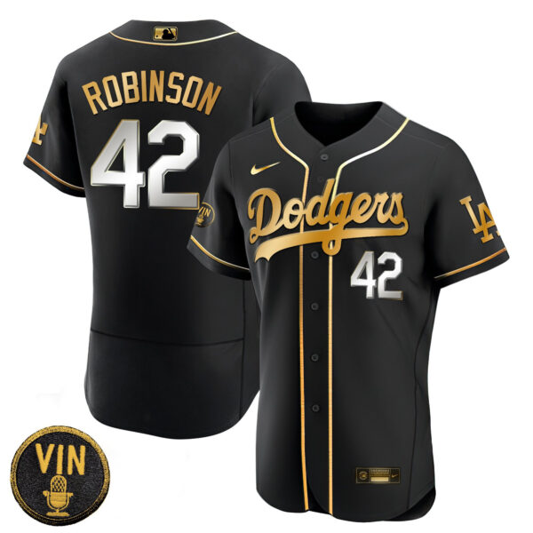 Men's Dodgers Black Limited Vin Scully Patch Gold Jersey - All Stitched - Image 14
