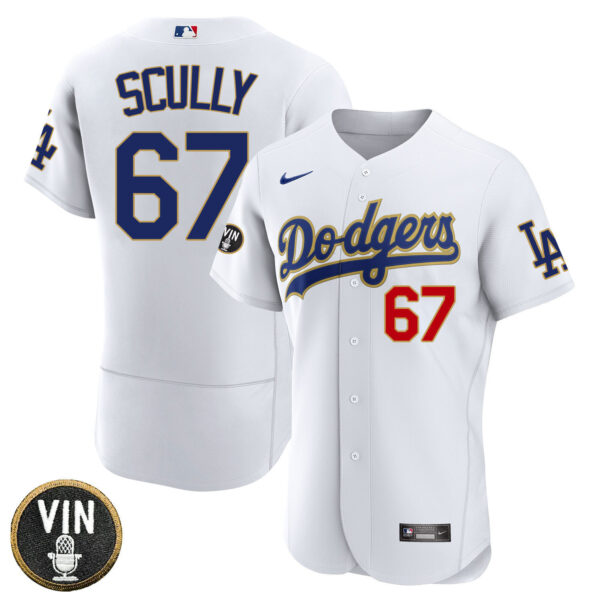 Los Angeles Dodgers Vin Scully Patch Gold Trim Player Jersey - White - All Stitched - Image 2