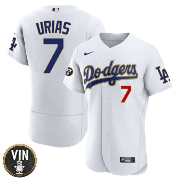 Los Angeles Dodgers Vin Scully Patch Gold Trim Player Jersey - White - All Stitched - Image 7