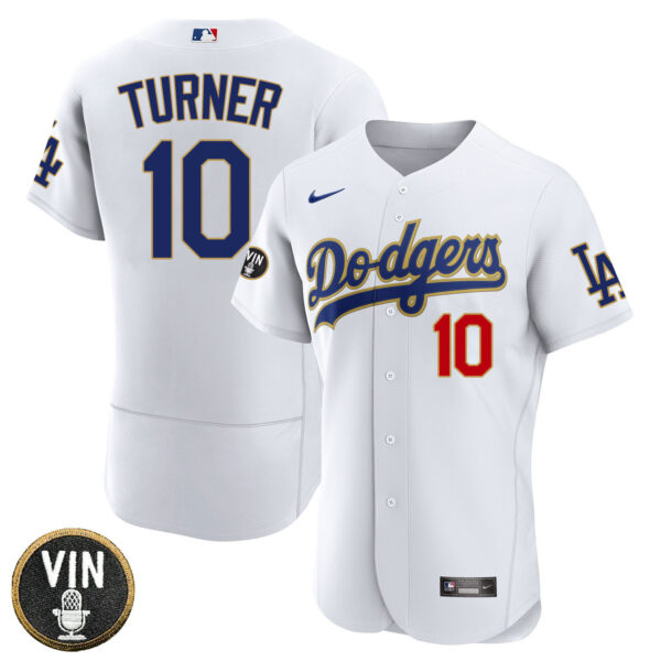 Los Angeles Dodgers Vin Scully Patch Gold Trim Player Jersey - White - All Stitched - Image 6
