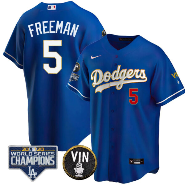 Men's Dodgers World Series & Vin Sculy Patch Gold Jersey - All Stitched - Image 23