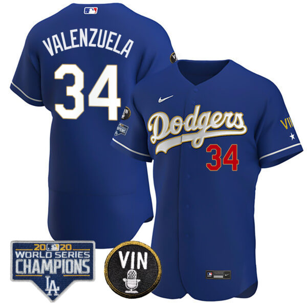 Men's Dodgers World Series & Vin Sculy Patch Gold Jersey - All Stitched - Image 20