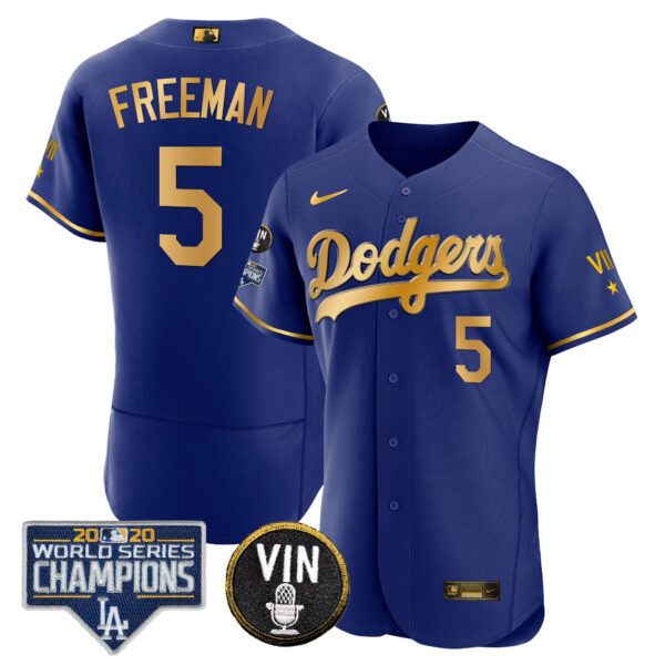 Men's Dodgers World Series & Vin Sculy Patch Gold Jersey - All Stitched - Image 30
