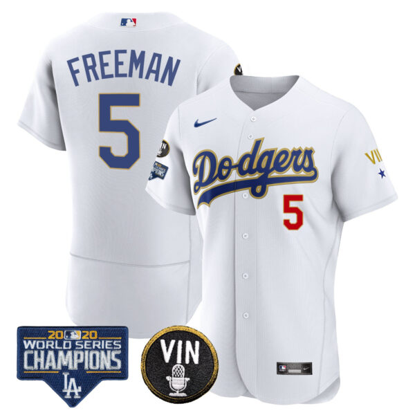 Men's Dodgers World Series & Vin Sculy Patch Gold Jersey - All Stitched - Image 2