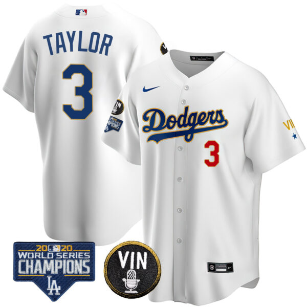 Men's Dodgers World Series & Vin Sculy Patch Gold Jersey - All Stitched - Image 12