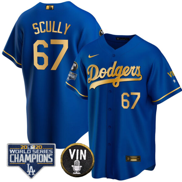 Men's Dodgers World Series & Vin Sculy Patch Gold Jersey - All Stitched - Image 36