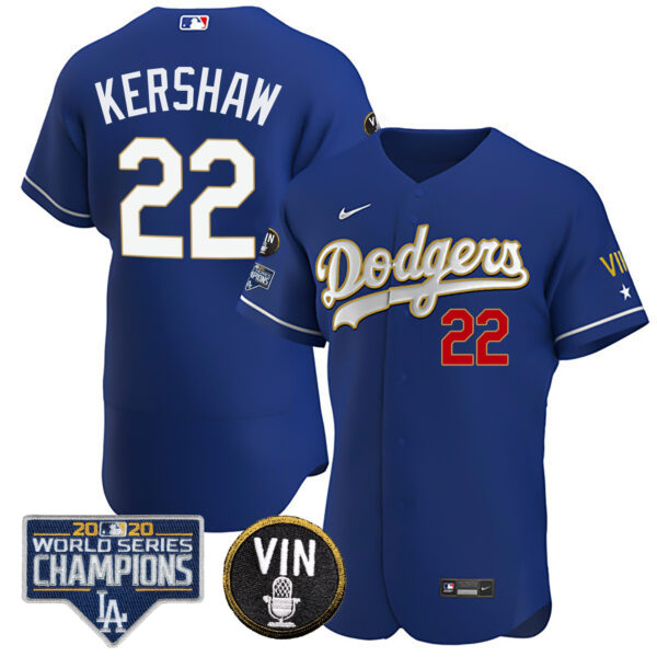 Men's Dodgers World Series & Vin Sculy Patch Gold Jersey - All Stitched - Image 18