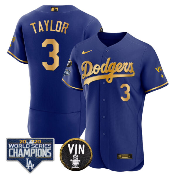 Men's Dodgers World Series & Vin Sculy Patch Gold Jersey - All Stitched - Image 33