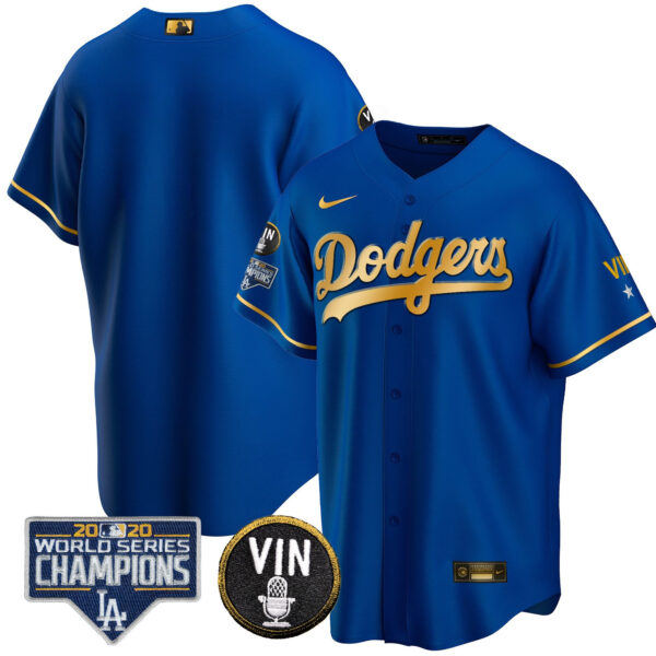 Men's Dodgers World Series & Vin Sculy Patch Gold Jersey - All Stitched - Image 42