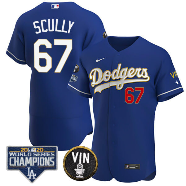 Men's Dodgers World Series & Vin Sculy Patch Gold Jersey - All Stitched - Image 15