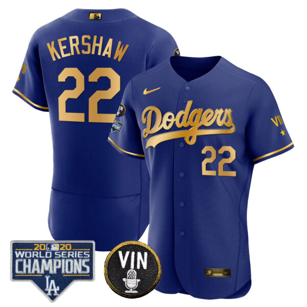 Men's Dodgers World Series & Vin Sculy Patch Gold Jersey - All Stitched - Image 32