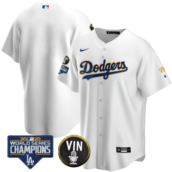 Men's Dodgers World Series & Vin Sculy Patch Gold Jersey - All Stitched - Image 14