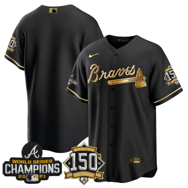 Braves World Series Champion Black Gold Cool Base Jersey - All Stitched - Image 9
