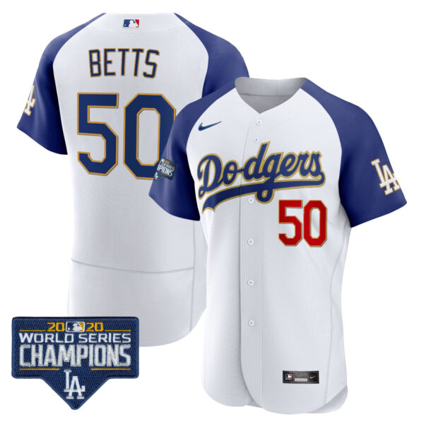 Men's Dodgers World Series Champions Patch Flex Base Gold Trim Jersey - All Stitched - Image 2