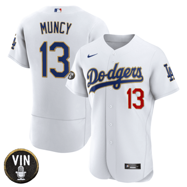 Men's Dodgers Vin Scully Patch Flex Base Gold Trim Jersey - All Stitched - Image 23