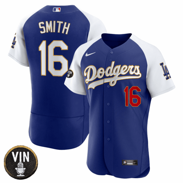 Men's Dodgers Vin Scully Patch Flex Base Gold Trim Jersey - All Stitched - Image 13