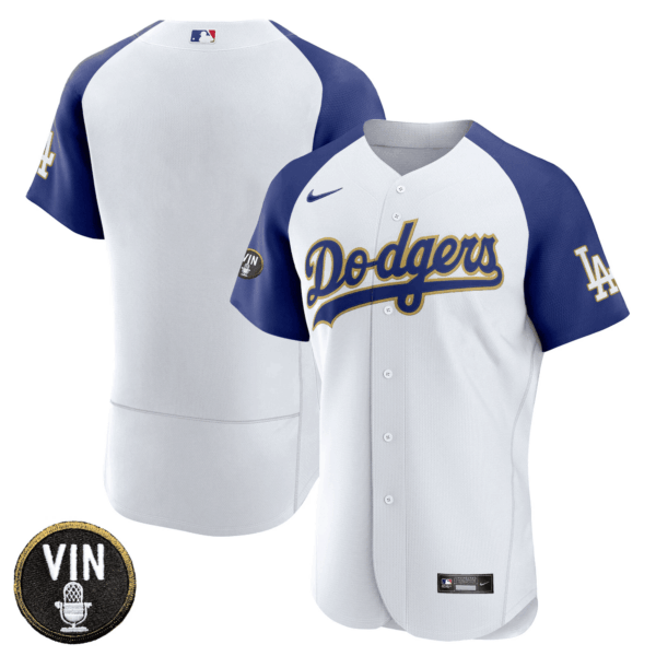 Men's Dodgers Vin Scully Patch Flex Base Gold Trim Jersey - All Stitched - Image 9