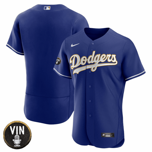 Men's Dodgers Vin Scully Patch Flex Base Gold Trim Jersey - All Stitched - Image 36
