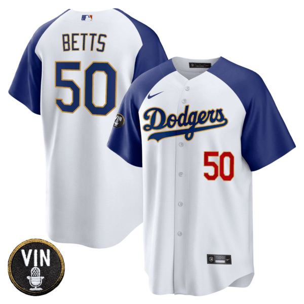 Men's Dodgers Vin Scully Patch Cool Base Gold Trim Jersey - All Stitched - Image 2
