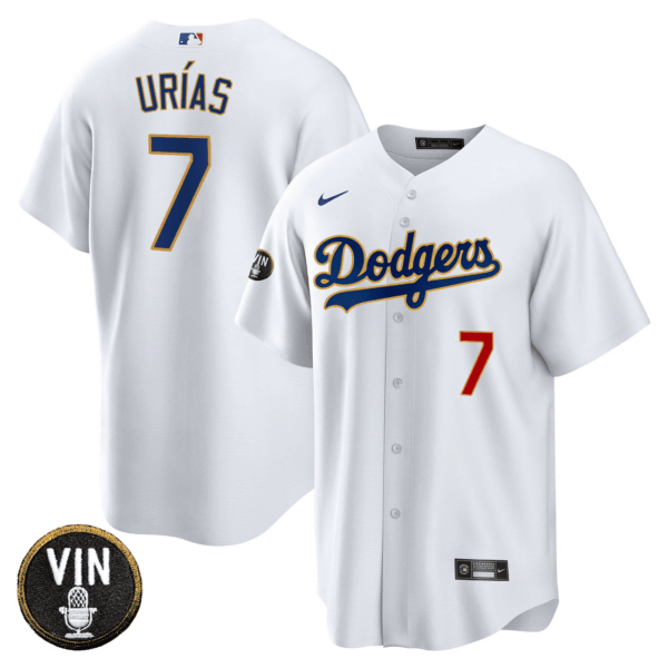 Men's Dodgers Vin Scully Patch Cool Base Gold Trim Jersey - All Stitched - Image 26
