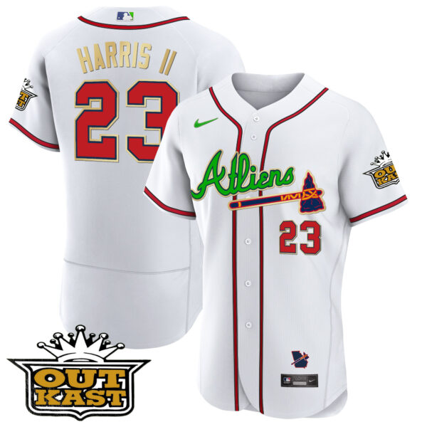 Men's Atlanta Braves Atliens Flex Base Gold Trim Jersey - All Stitched - Image 24