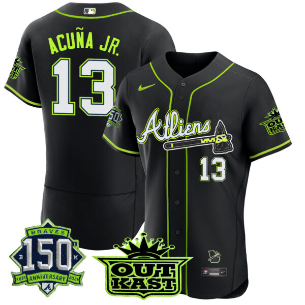Men's Atlanta Braves Atliens 150th Anniversary Patch Flex Base Jersey - All Stitched - Image 46