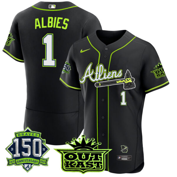 Men's Atlanta Braves Atliens 150th Anniversary Patch Flex Base Jersey - All Stitched - Image 53