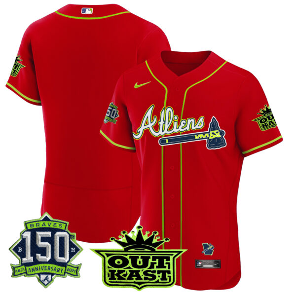 Men's Atlanta Braves Atliens 150th Anniversary Patch Flex Base Jersey - All Stitched - Image 45