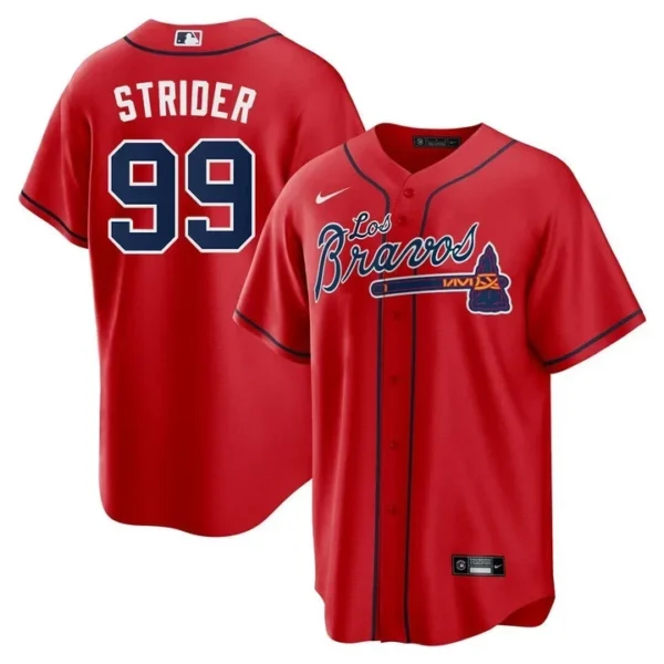 Spencer Strider Atlanta Braves Los Bravos Red Jersey - All Stitched - Image 2