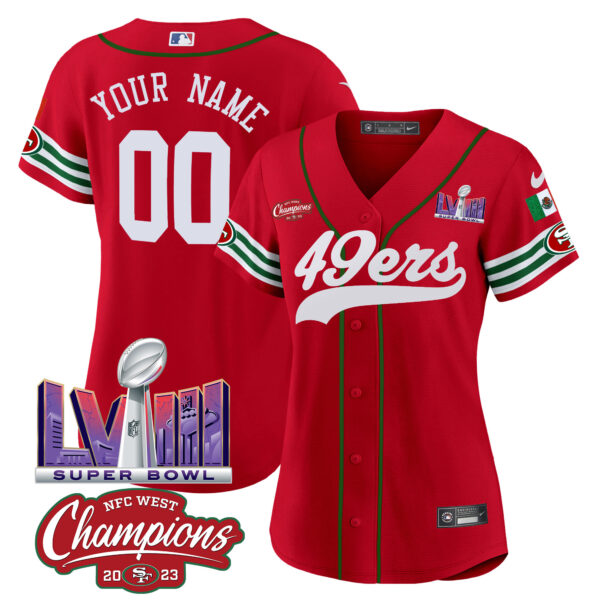 49ers Mexico NFC West Champions & Super Bowl LVIII Patch Baseball Custom Jersey - All Stitched - Image 9