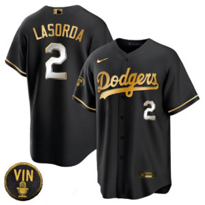 Men’s Tommy Lasorda Dodgers Black Limited Vin Scully Patch Jersey - All Stitched