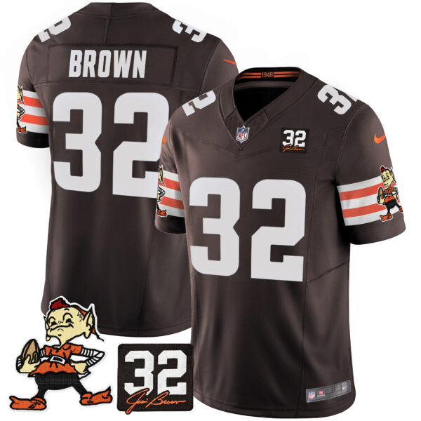 Men's Browns #32 Jim Brown Memorial Patch Vapor Limited Jersey V2 - All Stitched - Image 13