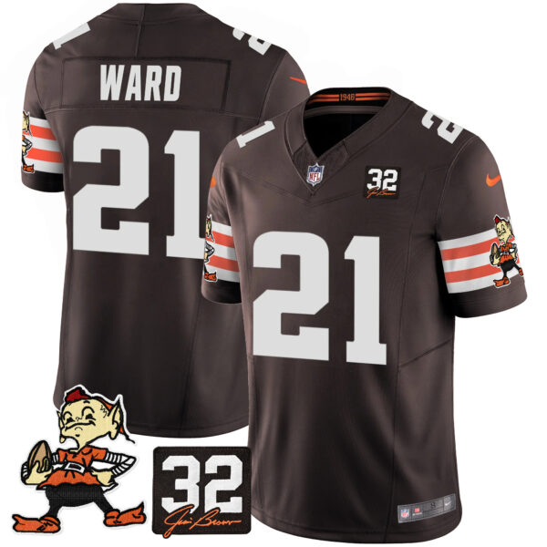 Men's Browns #32 Jim Brown Memorial Patch Vapor Limited Jersey V2 - All Stitched - Image 15