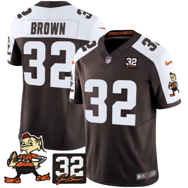 Men's Browns #32 Jim Brown Memorial Patch Vapor Limited Jersey V2 - All Stitched - Image 4