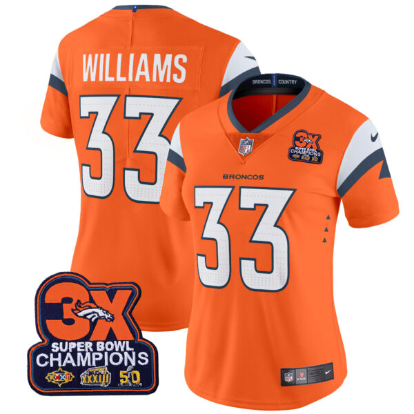 Women's Denver Broncos 3-Time Champions Patch Vapor Limited Jersey - All Stitched - Image 4