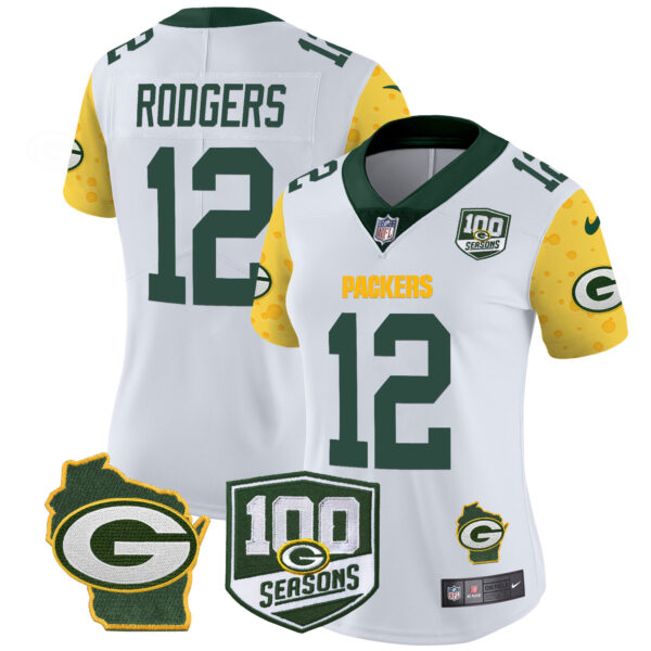 Women's Packers 100th Season & Home Patch Cheese Vapor Limited Jersey – All Stitched - Image 12