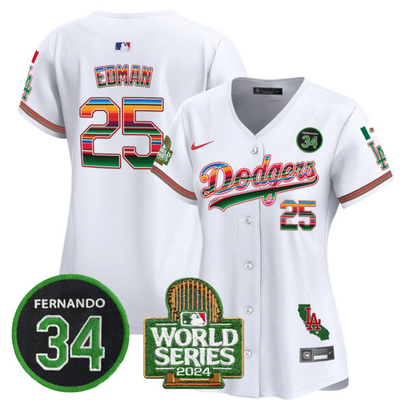 Women's Dodgers Mexico Fernando Memorial & 2024 World Series Patch Vapor Premier Limited Jersey - All Stitched - Image 8