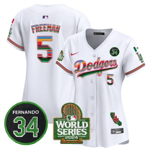 Women's Dodgers Mexico Fernando Memorial & 2024 World Series Patch Vapor Premier Limited Jersey - All Stitched - Image 5